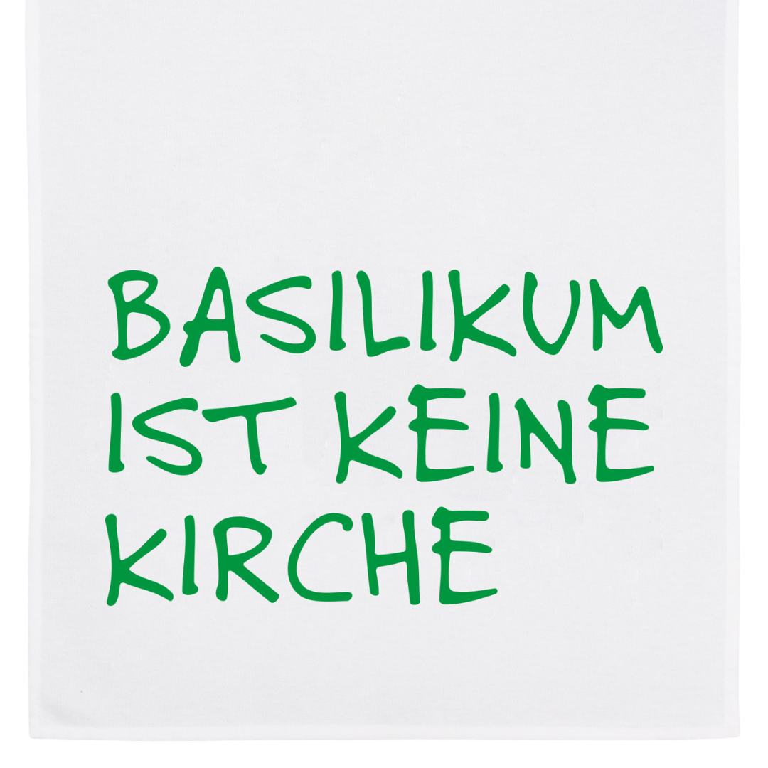 Geschirrtuch weiß, Basilikum ist keine Kirche in grün