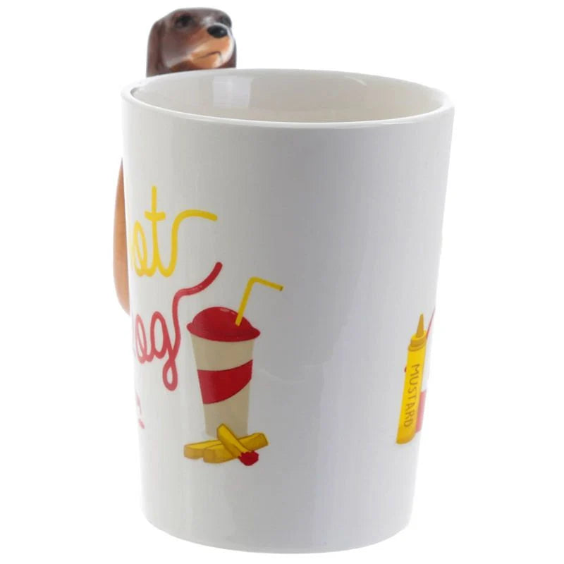 Dackel in Brötchen HOT DOG Fast Food geformter Henkel Tasse